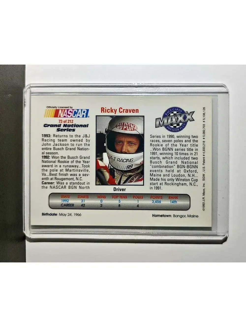 Ricky Craven 1993 Maxx Premier Plus Racing #73 NASCAR Card J&J Racing